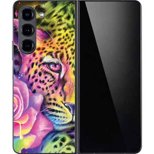 Neon Rainbow Cheetah with Rose by Sheena Pike Galaxy Z Fold5 5G Skin