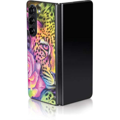 Neon Rainbow Cheetah with Rose by Sheena Pike Galaxy Z Fold5 5G Skin