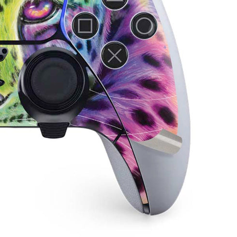 Neon Rainbow Cheetah with Rose by Sheena Pike PS5 DualSense Edge Pro Controller Skin
