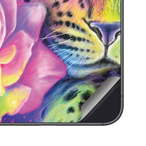 Neon Rainbow Cheetah with Rose by Sheena Pike Galaxy S25 Skin