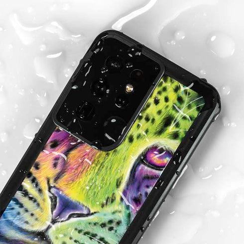 Neon Rainbow Cheetah with Rose by Sheena Pike Galaxy S24 Ultra Waterproof Case