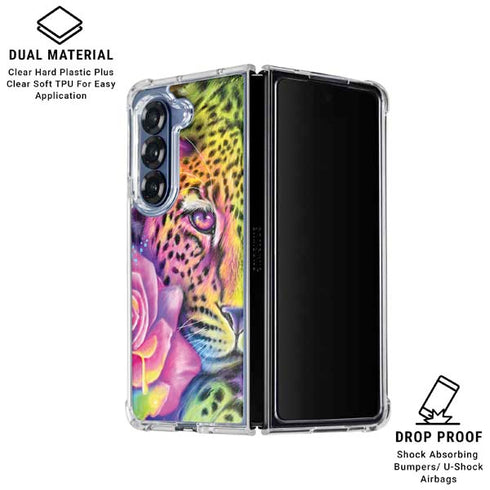 Neon Rainbow Cheetah with Rose by Sheena Pike Galaxy Z Fold6 Clear Case