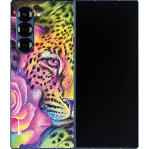 Neon Rainbow Cheetah with Rose by Sheena Pike Galaxy Z Fold6 Skin