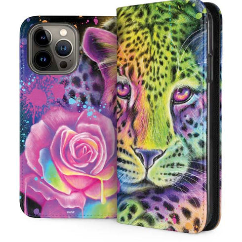 Neon Rainbow Cheetah with Rose by Sheena Pike iPhone 13 Pro Max Folio Case