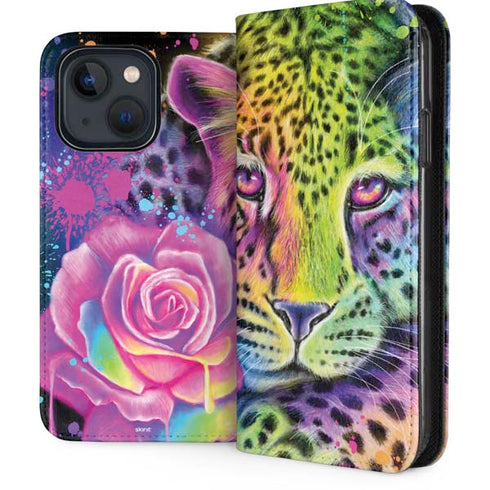 Neon Rainbow Cheetah with Rose by Sheena Pike iPhone 14 Folio Case