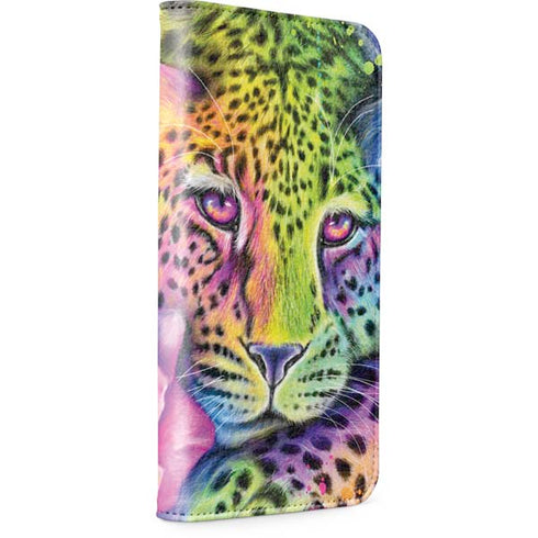 Neon Rainbow Cheetah with Rose by Sheena Pike iPhone 14 Folio Case