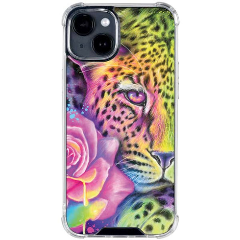 Neon Rainbow Cheetah with Rose by Sheena Pike iPhone 15 Clear Case