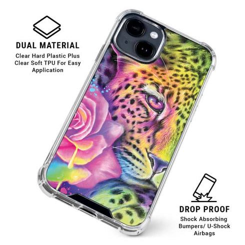 Neon Rainbow Cheetah with Rose by Sheena Pike iPhone 15 Clear Case