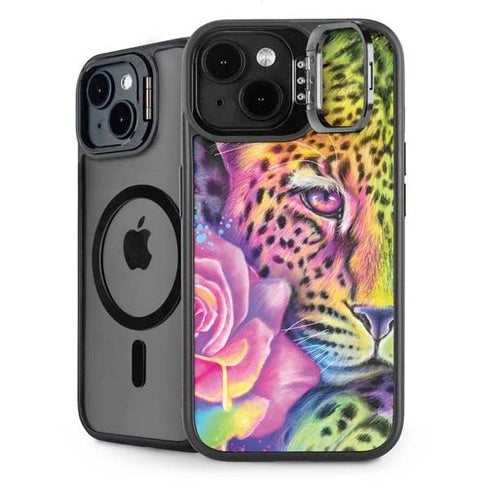 Neon Rainbow Cheetah with Rose by Sheena Pike iPhone 15 Plus Kickstand Case