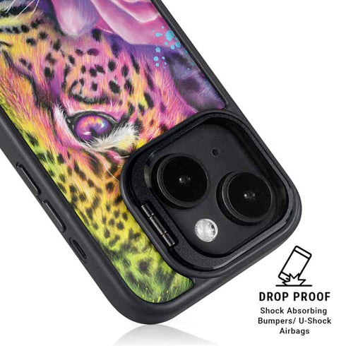 Neon Rainbow Cheetah with Rose by Sheena Pike iPhone 15 Plus Kickstand Case