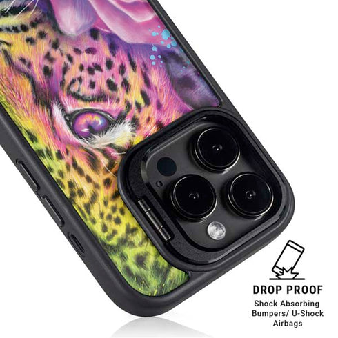 Neon Rainbow Cheetah with Rose by Sheena Pike iPhone 15 Pro Kickstand Case