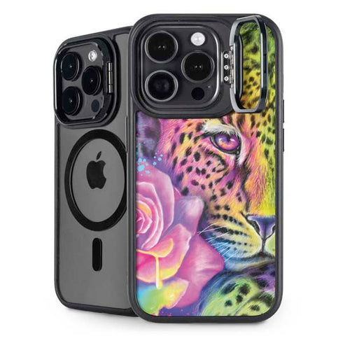Neon Rainbow Cheetah with Rose by Sheena Pike iPhone 15 Pro Max Kickstand Case