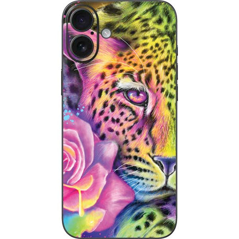 Neon Rainbow Cheetah with Rose by Sheena Pike iPhone 16 Plus Skin
