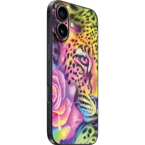Neon Rainbow Cheetah with Rose by Sheena Pike iPhone 16 Plus Skin