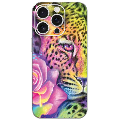 Neon Rainbow Cheetah with Rose by Sheena Pike iPhone 16 Pro Skin