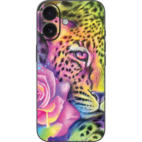 Neon Rainbow Cheetah with Rose by Sheena Pike iPhone 16 Skin