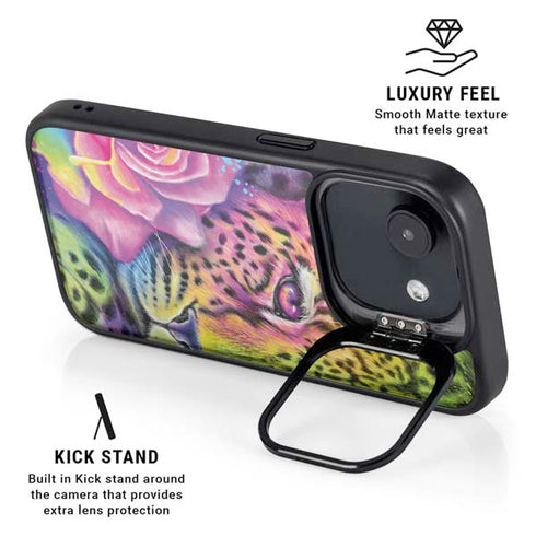 Neon Rainbow Cheetah with Rose by Sheena Pike iPhone 16e Kickstand Case