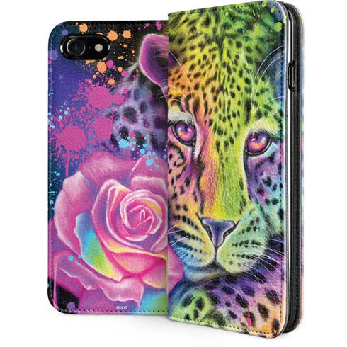Neon Rainbow Cheetah with Rose by Sheena Pike iPhone SE (2nd & 3rd Gen) Folio Case