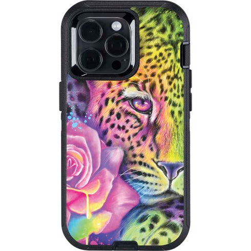 Neon Rainbow Cheetah with Rose by Sheena Pike Otterbox Defender iPhone Skin