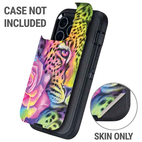 Neon Rainbow Cheetah with Rose by Sheena Pike Otterbox Defender iPhone Skin