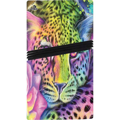 Neon Rainbow Cheetah with Rose by Sheena Pike PS5 Pro Console Skin