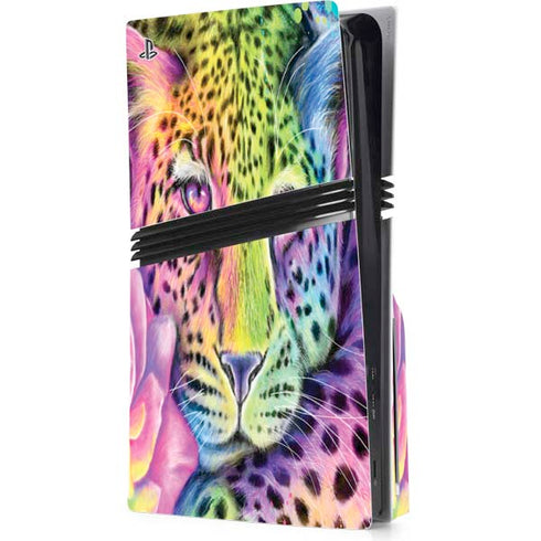 Neon Rainbow Cheetah with Rose by Sheena Pike PS5 Pro Disk Console Skin