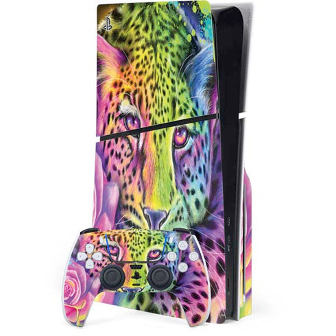 Neon Rainbow Cheetah with Rose by Sheena Pike PlayStation PS5 Skins