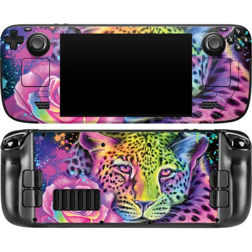 Neon Rainbow Cheetah with Rose by Sheena Pike Steam Deck Handheld Gaming Computer OLED Skin