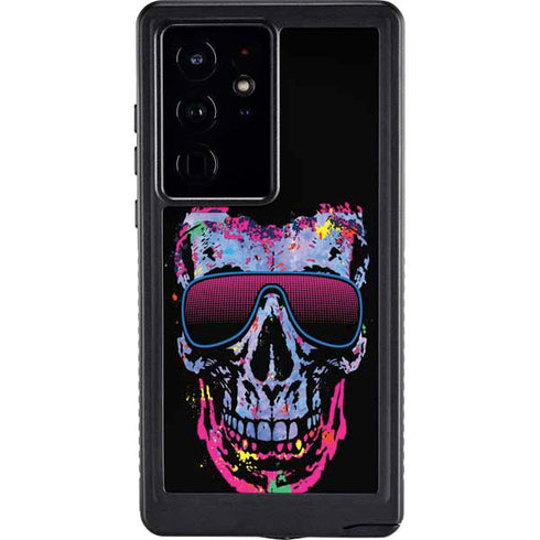 Liquid Blue Neon Skull with Glasses Galaxy S24 Ultra Waterproof Case