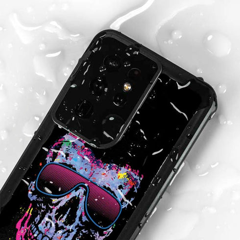 Liquid Blue Neon Skull with Glasses Galaxy S24 Ultra Waterproof Case