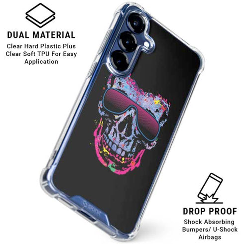 Liquid Blue Neon Skull with Glasses Galaxy S25 Clear Case