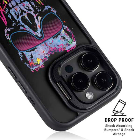 Liquid Blue Neon Skull with Glasses iPhone 14 Pro Kickstand Case