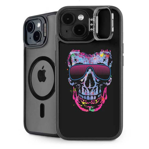 Liquid Blue Neon Skull with Glasses iPhone 15 Kickstand Case