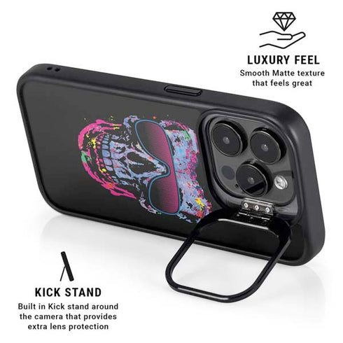 Liquid Blue Neon Skull with Glasses iPhone 15 Pro Kickstand Case