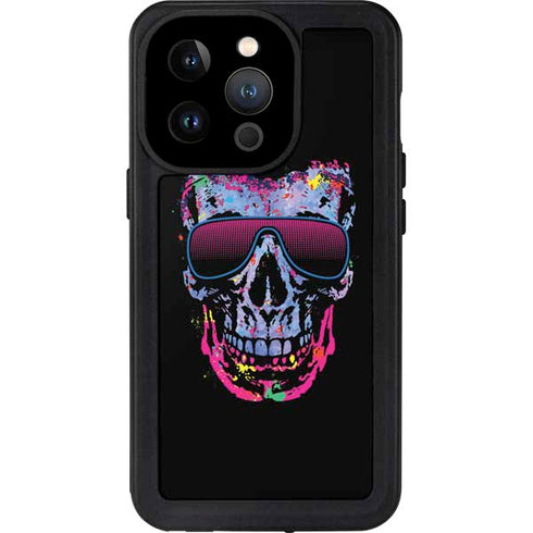 Liquid Blue Neon Skull with Glasses iPhone 15 Pro Waterproof Case