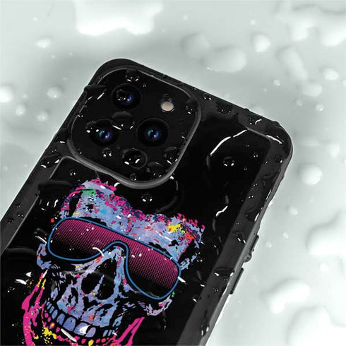 Liquid Blue Neon Skull with Glasses iPhone 15 Pro Waterproof Case
