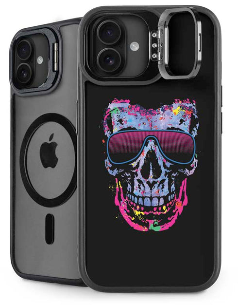 Liquid Blue Neon Skull with Glasses iPhone 16 Plus Kickstand Case