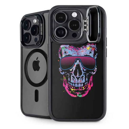 Liquid Blue Neon Skull with Glasses iPhone 16 Pro Max Kickstand Case