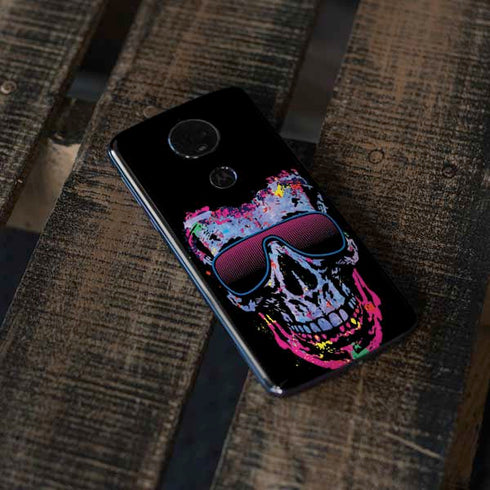 Liquid Blue Neon Skull with Glasses Moto E5 Plus Skin