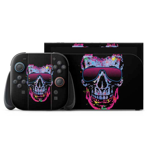 Liquid Blue Neon Skull with Glasses Nintendo Skins