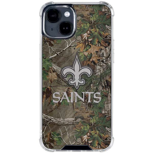 NFL New Orleans Saints Realtree Xtra Green Camo iPhone 15 Clear Case