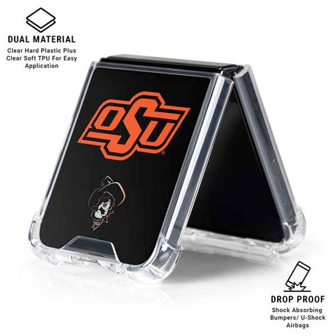 Oklahoma State University OSU on Black Galaxy Z Flip6 Clear Case