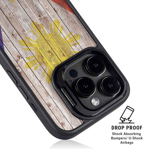 Philippines Flag Dark Wood iPhone 13 Pro Kickstand Case
