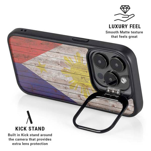 Philippines Flag Dark Wood iPhone 14 Pro Max Kickstand Case