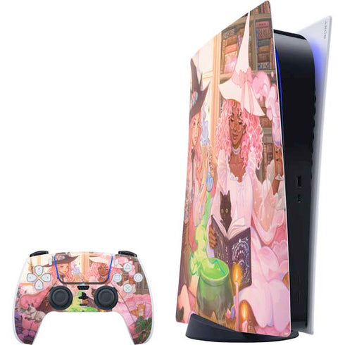 Pink Anime Witch Girls in Library with Cats by Ivy Dolamore PlayStation PS5 Skins