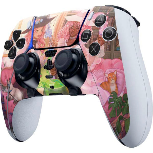 Pink Anime Witch Girls in Library with Cats by Ivy Dolamore PS5 DualSense Edge Pro Controller Skin