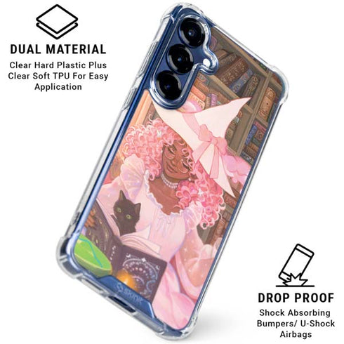 Pink Anime Witch Girls in Library with Cats by Ivy Dolamore Galaxy S25 Clear Case