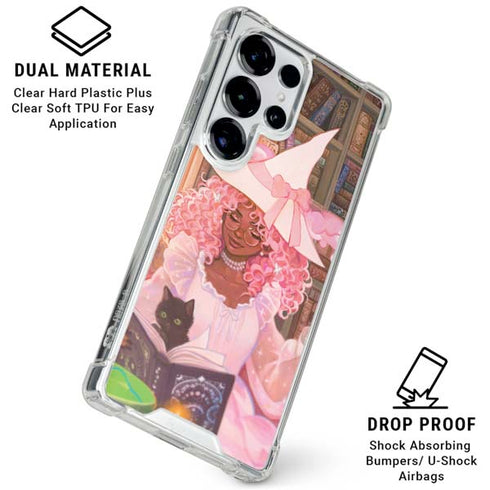 Pink Anime Witch Girls in Library with Cats by Ivy Dolamore Galaxy S25 Ultra Clear Case