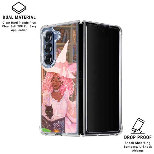 Pink Anime Witch Girls in Library with Cats by Ivy Dolamore Galaxy Z Fold6 Clear Case