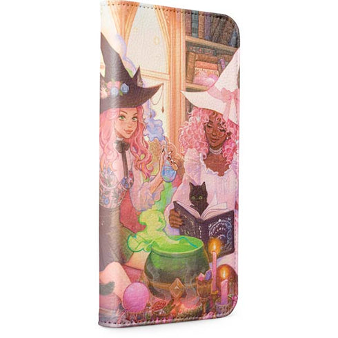 Pink Anime Witch Girls in Library with Cats by Ivy Dolamore iPhone 14 Folio Case